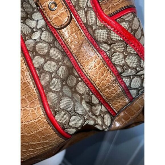 Brown & Red Circle Printed Shoulder Bag With Faux Croc Leather Straps & Padlock - Picture 11 of 12